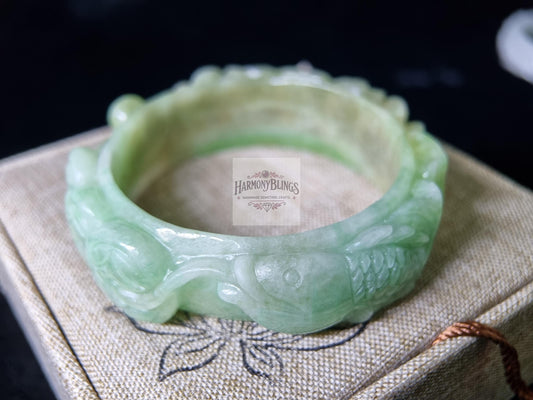 53mm Green Jade Feng Shui Bracelet with Lucky Money Carp  Perfect Christmas and New Year Gift for Wealth and Prosperity