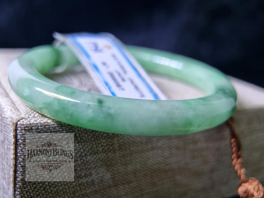 52mm Natural Green White Jade Bangle with PNJ Certification, Christmas Gift, New Year Gift, Feng Shui Bracelet