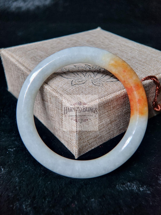 57mm White Jade Bangle with Orange Accents, Rare Natural Jade Bracelet, Unique New Year & Christmas Gift