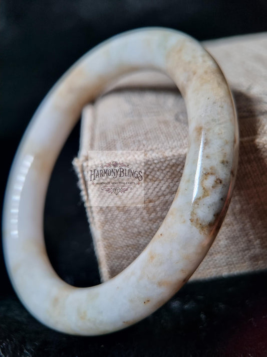 56mm White Jade Bangle with Beige Accents, Rare Natural Jade Bracelet, Unique New Year & Christmas Gift