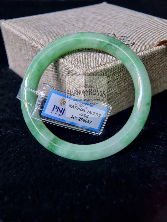 52mm Natural Green White Jade Bangle with PNJ Certification, Christmas Gift, New Year Gift, Feng Shui Bracelet