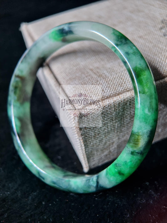 Natural Jade Bangle Bracelet 59mm - Golden Sparkle, Unique Green Design - Perfect Christmas & New Year Gift