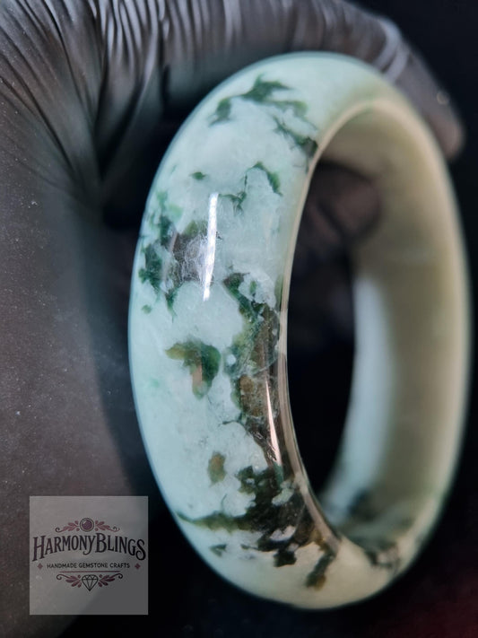 57mm Light Green Natural Jade Bangle with Moss Green Spots, High-Quality Rare Gift, Lucky Feng Shui Bracelet for Christmas & New Year