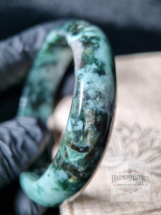 52mm Light Green Natural Jade Bangle, Moss Green Spots Sparkling Gold High-Quality Rare Gift Lucky Feng Shui Bracelet for Christmas New Year