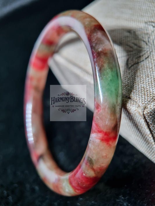 62mm Deep Red Jade Bangle with Multicolor Accents - Exclusive Natural Jade Bracelet - Perfect Christmas & New Year Feng Shui Gift