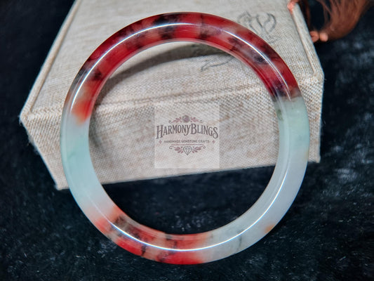 60mm Unique Red White Jade Bangle - Exclusive Natural Jade Bracelet - Perfect Christmas & New Year Feng Shui Gift