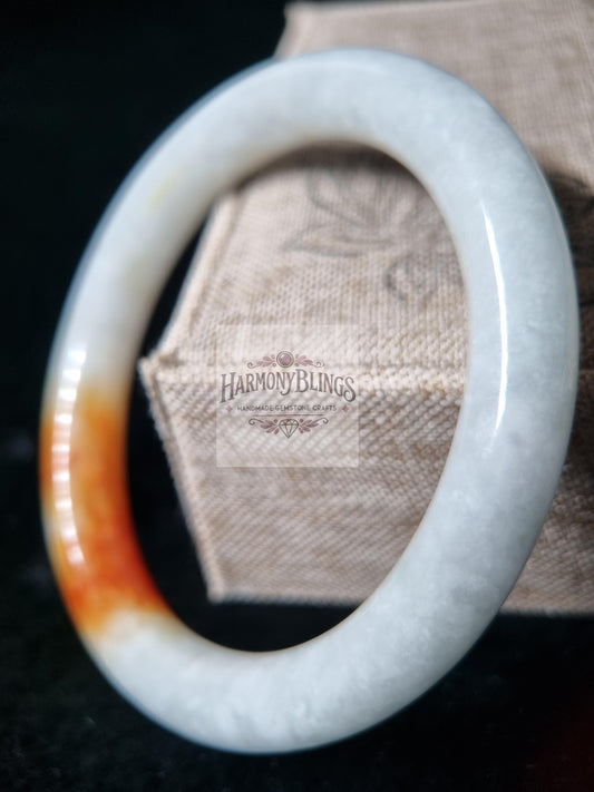 57mm White Jade Bangle with Orange Accents, Rare Natural Jade Bracelet, Unique New Year & Christmas Gift