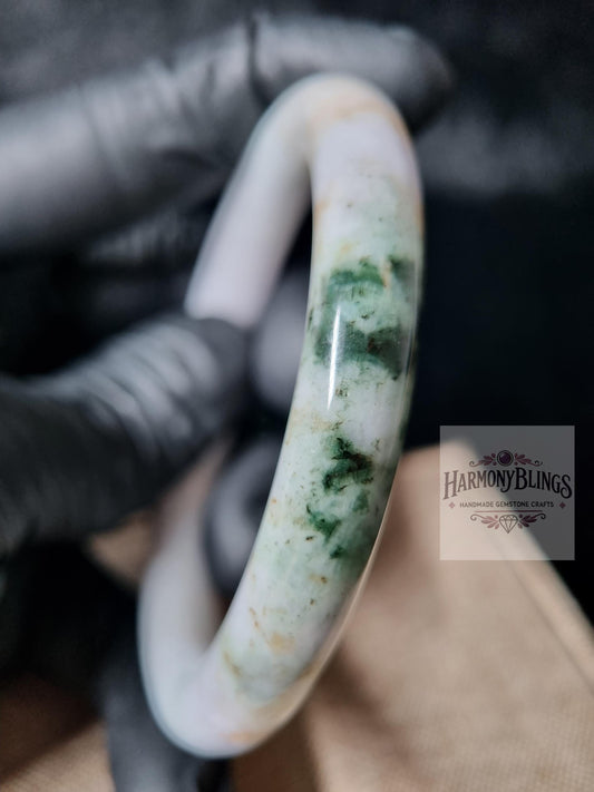 56mm White Jade Bangle with Moss Green Accents, Rare Natural Jade Bracelet, Unique New Year & Christmas Gift