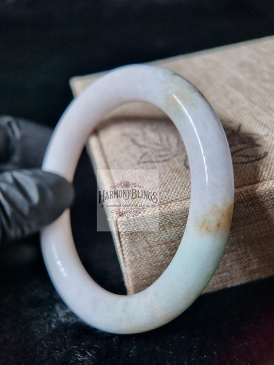 56mm White Jade Bangle with Beige Accents, Rare Natural Jade Bracelet for Positive Energy, Unique New Year & Christmas Gift