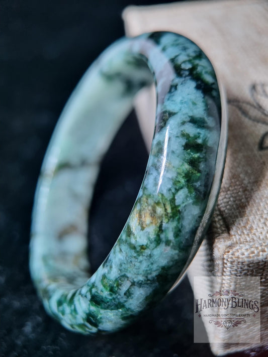 52mm Light Green Natural Jade Bangle, Moss Green Spots Sparkling Gold High-Quality Rare Gift Lucky Feng Shui Bracelet for New Year Christmas