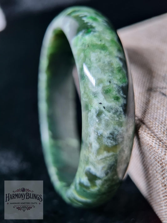 56mm Natural Green Moss Jade Bangle with White Pattern Accents, Unique Jade Bracelet, Christmas & New Year Gift