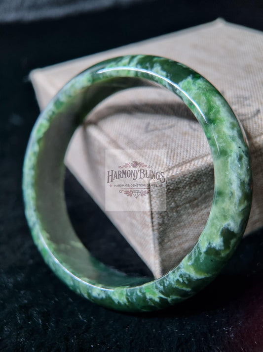 56mm Natural Green Moss Jade Bangle with White Pattern Accents, Unique Jade Bracelet, Christmas & New Year Gift