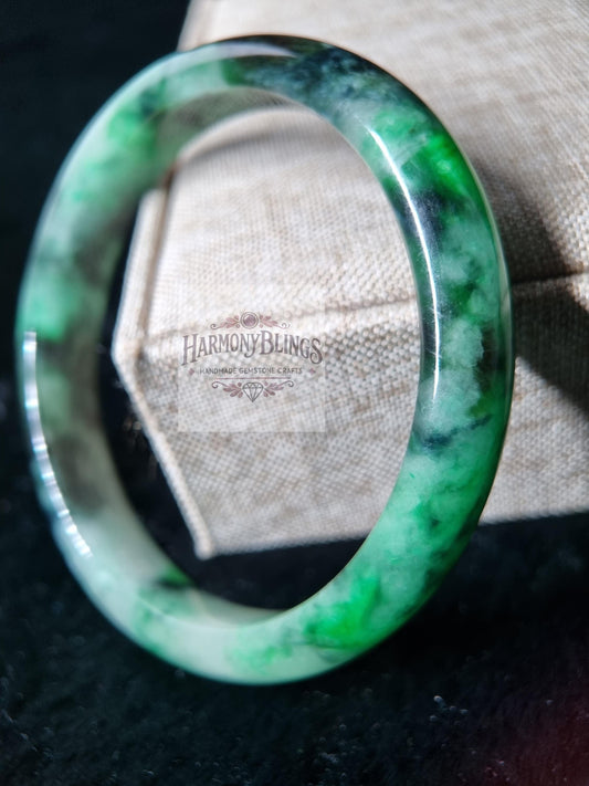 Natural Jade Bangle Bracelet 59mm - Golden Sparkle, Unique Green Design - Perfect Christmas & New Year Gift