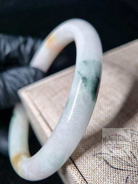 62mm Natural White Jade Bangle with Green Gold Accents, Feng Shui Lucky Bracelet, New Year & Christmas Gift