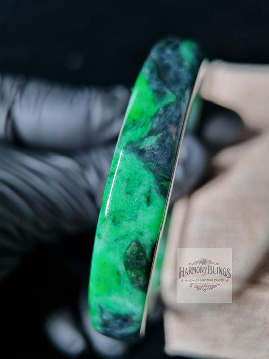 52mm Green Jade Bangle Bracelet with Golden Sparkle  Lucky Gift for Holidays & Special Occasions