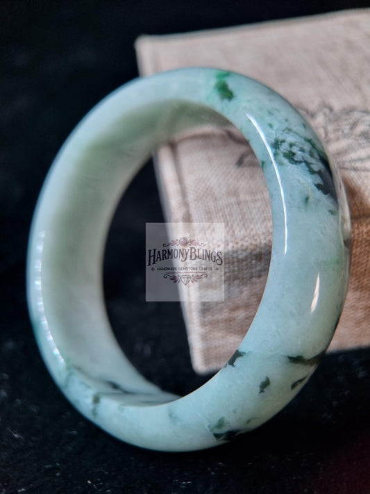 57mm Light Green Natural Jade Bangle with Moss Green Spots, High-Quality Rare Gift, Lucky Feng Shui Bracelet for Christmas & New Year