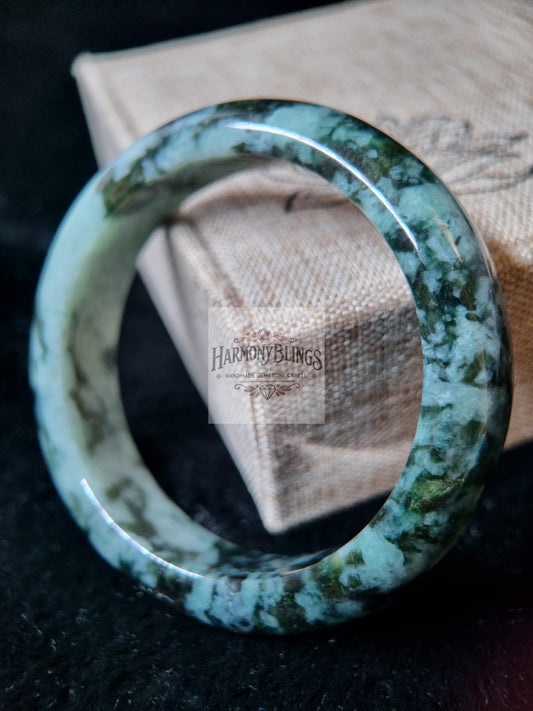 52mm Light Green Natural Jade Bangle with Moss Green Spots Sparkling Gold High-Quality Rare Gift Lucky Feng Shui Bracelet Christmas New Year