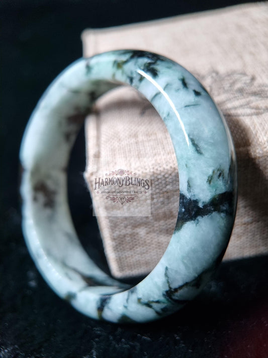 52mm Light Green Natural Jade Bangle Moss Green Spots with Sparkling Gold High-Quality Rare Gift Lucky Feng Shui Bracelet Christmas New Year