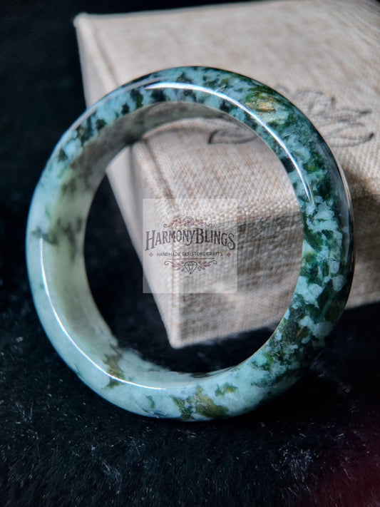 52mm Light Green Natural Jade Bangle, Moss Green Spots Sparkling Gold High-Quality Rare Gift Lucky Feng Shui Bracelet for New Year Christmas